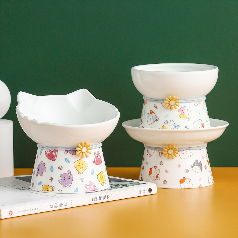 [Chinese Ceramic Techniques] Cat Bowl Ceramic High Foot Cat Food Bowl Water Snack Bowl Cat Food Drinking Bowl Neck Protection Pet Dog Food Bowl