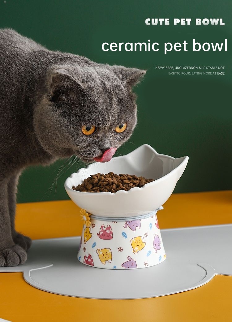 [Chinese Ceramic Techniques] Cat Bowl Ceramic High Foot Cat Food Bowl Water Snack Bowl Cat Food Drinking Bowl Neck Protection Pet Dog Food Bowl